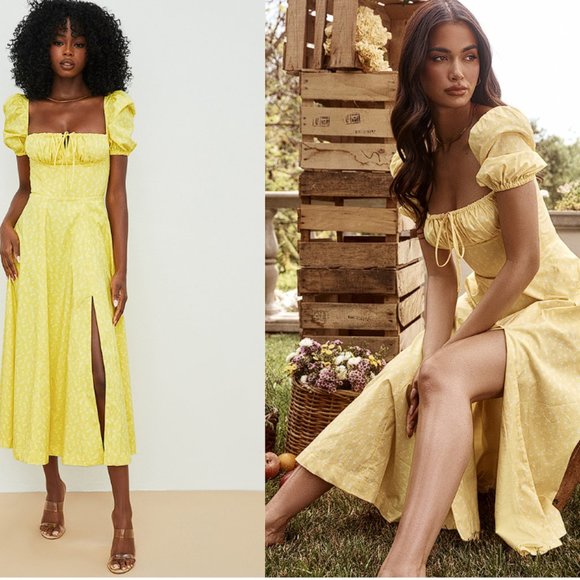 HOUSE OF CB 'Tallulah' Yellow Floral Puff Sleeve Midi Dress NWOT - Picture 3 of 11